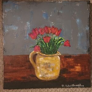 Tulips in yellow pitcher- acrylic painting
